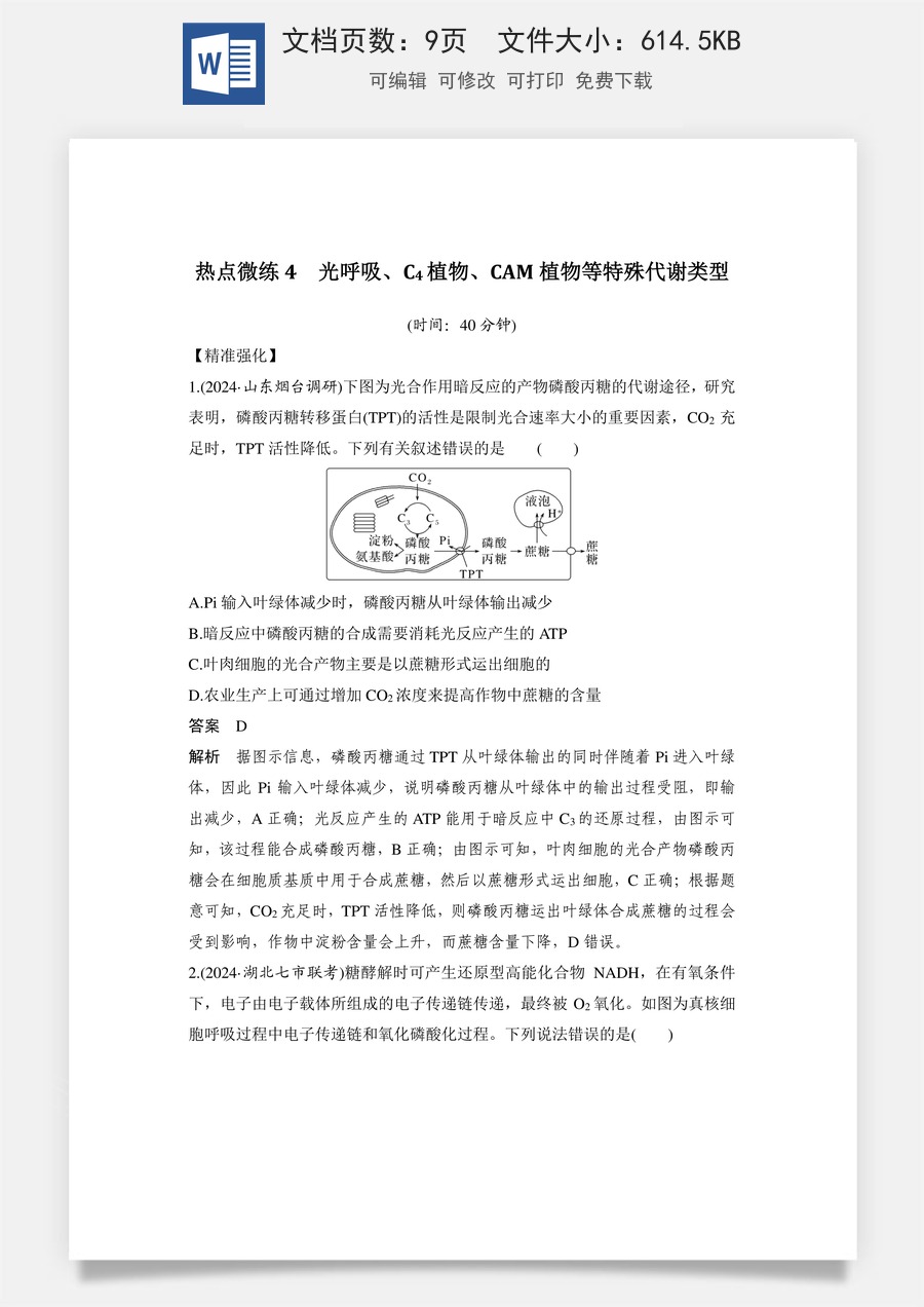 高中-高考总复习-生物-热点微练4　光呼吸、C4植物、CAM植物等特殊代谢类型.doc